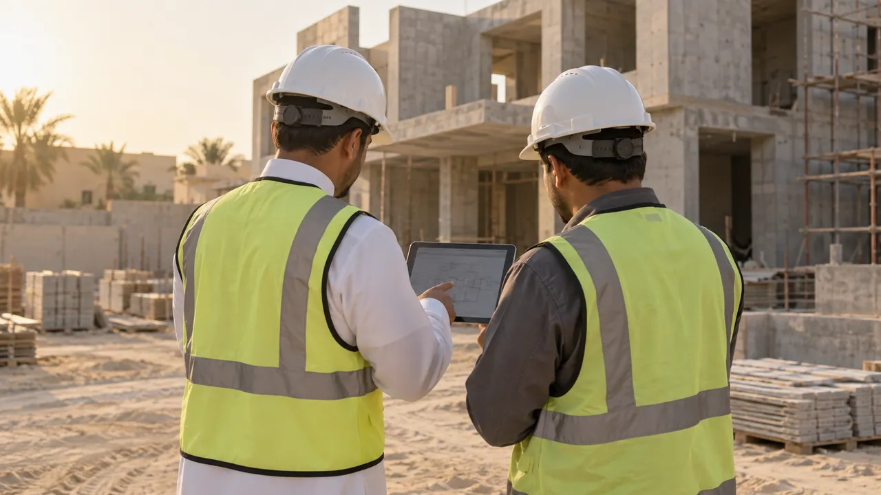 مهندسان يراجعان المخططات على جهاز لوحي في الموقع